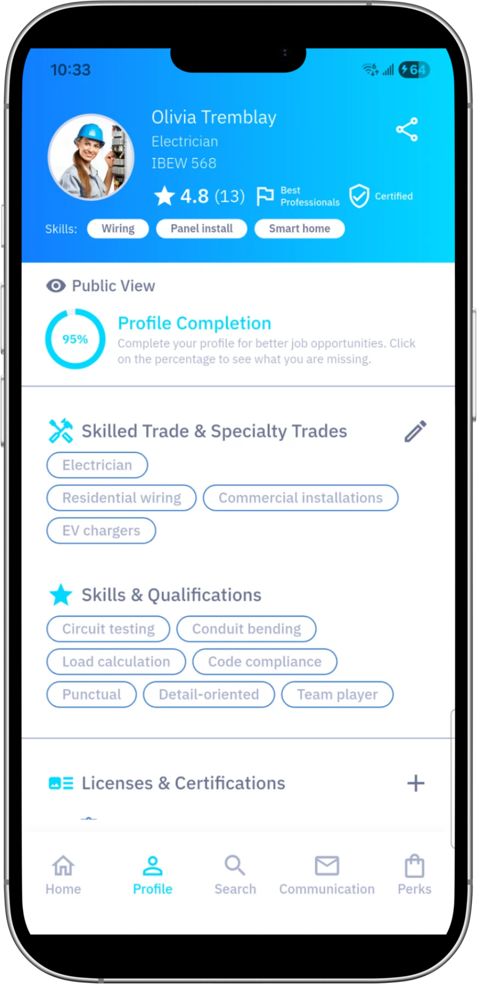 A Kavio professional profile shown on a phone — Olivia Tremblay, Electrician, with skills, qualifications and certifications.